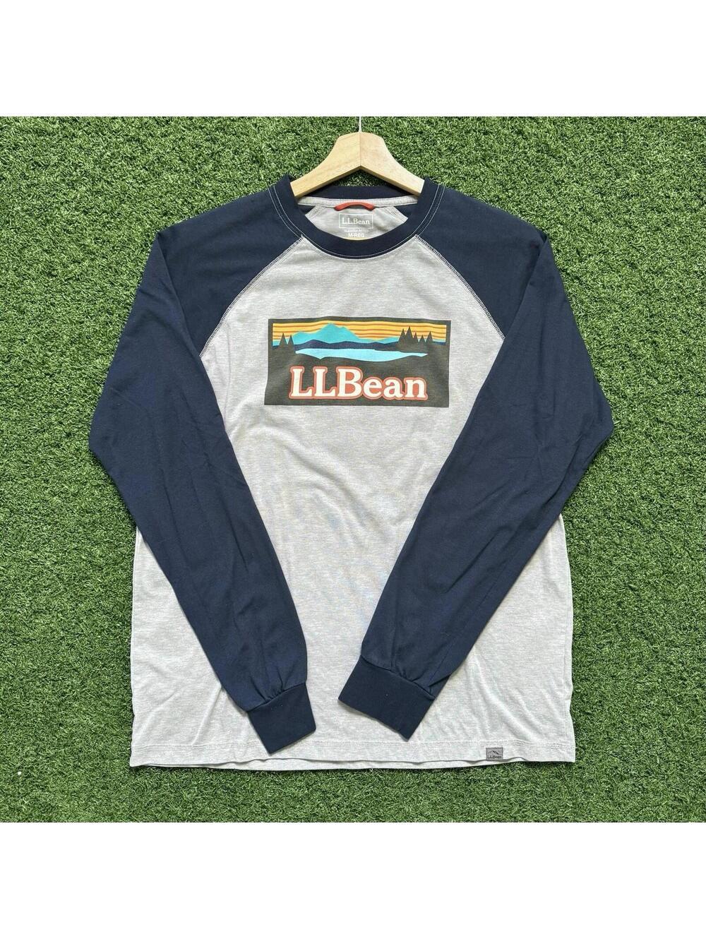 L.L Bean Long Sleeve Raglan Grapic T-shirt Men M Reg Navy/Grey Hike Outdoor Camp